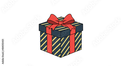 Colorful striped gift box wrapped in a vivid red ribbon and bow stands ready to delight someone special on a birthday anniversary or festive occasion.