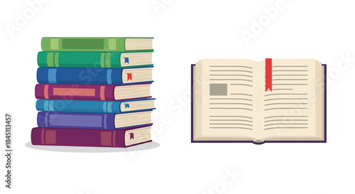 Colorful books are stacked beside an open book with a red bookmark on a white background evoking study and a love of reading and learning for curiosity.