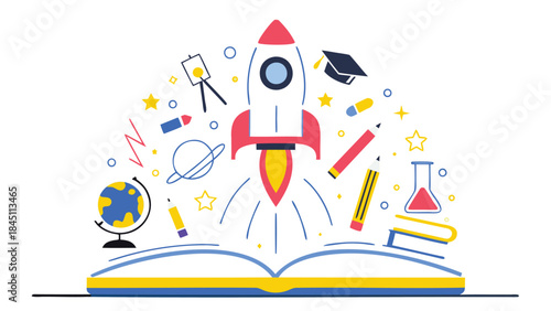 Vibrant illustration of a rocket launching from an open book surrounded by education and science symbols like globe, graduation cap, beaker, and stars