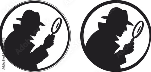 Detective Silhouette Holding Magnifying Glass in Circular Frame investigation mystery