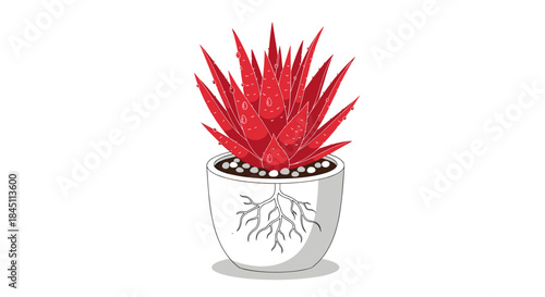 Red spiky succulent plant sits in a white ceramic pot with visible roots and a decorative shadow on a clean bright background.