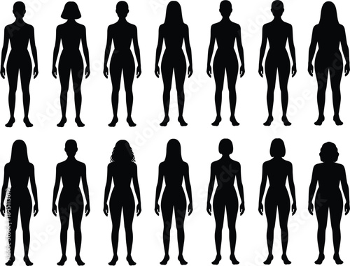 Diverse female silhouettes full body standing diverse hairstyles and body types woman figure