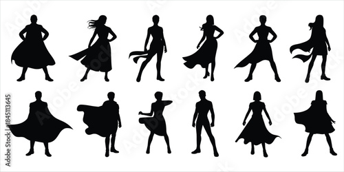 Diverse female and male superhero silhouettes with flowing capes and dresses woman