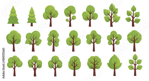 Diverse collection of stylized green trees with brown trunks in varying shapes and sizes arranged in a simple grid for decorative nature visuals.