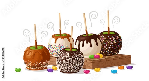 Colorful chocolate coated apples on sticks with drizzle and rainbow sprinkles arranged on a wooden display tray with scattered candies.
