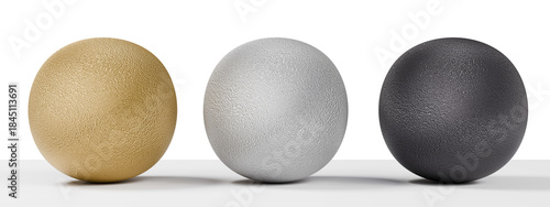 Three Textured Spheres: Gold, Silver, and Black Balls Displayed Side-by-Side. Isolated Cutout Image on a Transparent Background