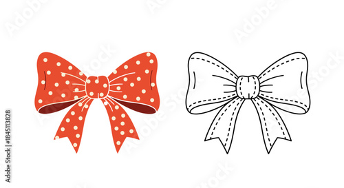 Two decorative bows placed side by side feature a bright red polka dot bow and a black and white outline bow as playful craft accents for decor.