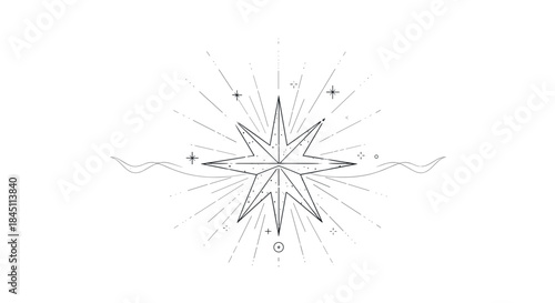 Radiant starburst geometric illustration featuring a multi pointed central star with extending rays and a flowing curved line across the composition.