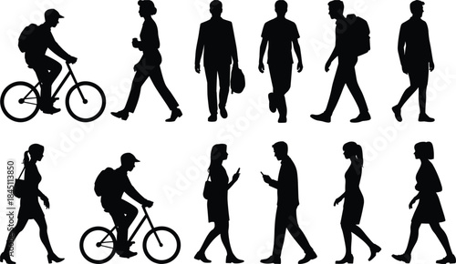 Diverse Silhouettes of People Walking Cycling and Using Smartphones on White bicycle