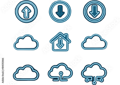 Set of nine vector outline icons illustrating cloud computing technology, featuring data transfer, home hosting, and network connection concepts for IT and digital interface design