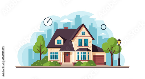 Charming two story family home with a manicured front yard trees and a distant city skyline in a bright illustrated scene featuring a street lamp and bushes.