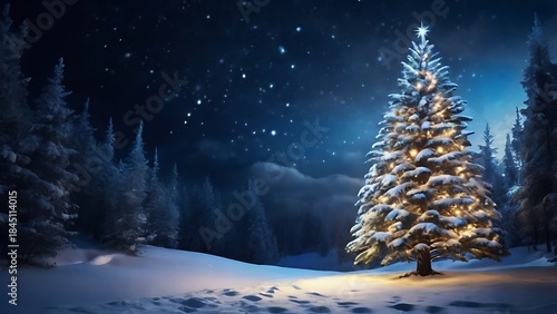Illuminated Christmas tree glowing in a snowy winter forest at night with falling snow and blue tones. Magical seasonal landscape for holiday backgrounds and celebrations.