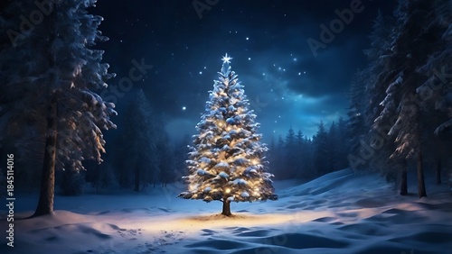 Illuminated Christmas tree glowing in a snowy winter forest at night with falling snow and blue tones. Magical seasonal landscape for holiday backgrounds and celebrations.