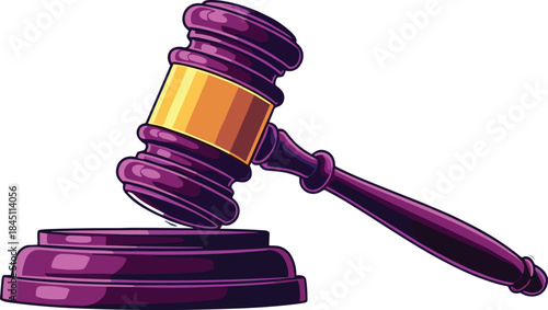 Vibrant purple and gold vector illustration of a judge's gavel resting on a sound block, symbolizing justice, law, court ruling, final decision, and auction bidding process