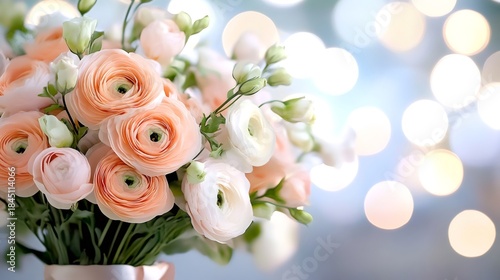 Peach and pink ranunculus bouquet with bokeh lights