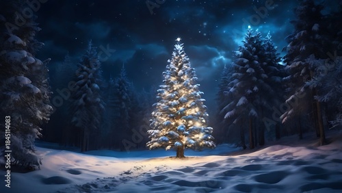 Illuminated Christmas tree glowing in a snowy winter forest at night with falling snow and blue tones. Magical seasonal landscape for holiday backgrounds and celebrations.