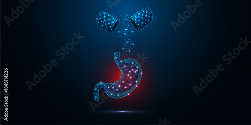Human stomach organ with open capsule, pill and drug, abstract 3D gastric geometric low poly wireframe design. Concept care, pain, science, innovative medicine and technology. Vector illustration.
