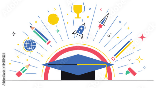 Vibrant graduation cap surrounded by colorful educational icons and symbols of achievement on white background
