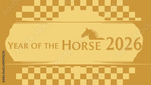 Year of the Horse 2026 graphic featuring a horse silhouette and checkerboard pattern ideal for Chinese New Year celebrations and equestrian t
