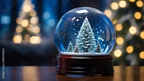 Glowing Christmas tree inside a crystal snow globe with soft snowfall and blue winter light. Magical holiday background for seasonal designs, greeting cards, and festive visuals