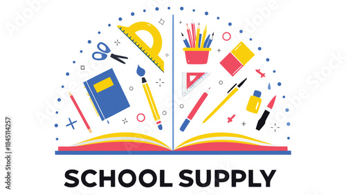 Colorful illustration of school supplies coming out of an open book, including pencils, scissors, and notebooks, symbolizing education and learning