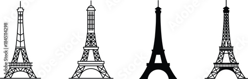 Eiffel Tower Icons in Silhouette and Outline Styles on White paris france