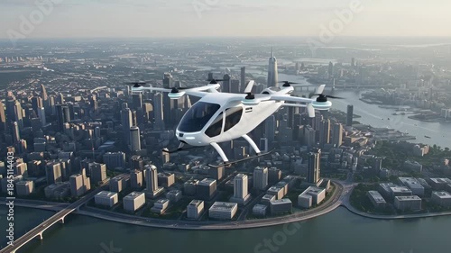 Futuristic electric air taxi flying over a modern city skyline. Advanced urban air mobility concept for future transportation. Autonomous passenger drone service in a metropolis