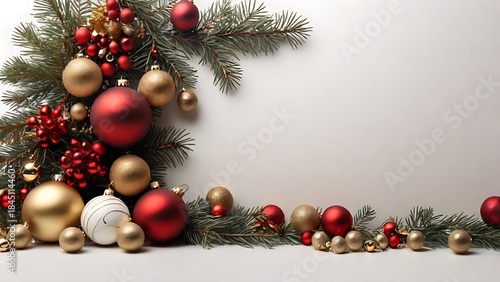 Christmas decoration border made of pine branches and red gold ornaments on clean white background. Elegant holiday frame for banners, cards, and festive layouts.