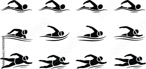Sequence of Black Silhouette Icons Depicting Swimming Strokes swimmer symbol