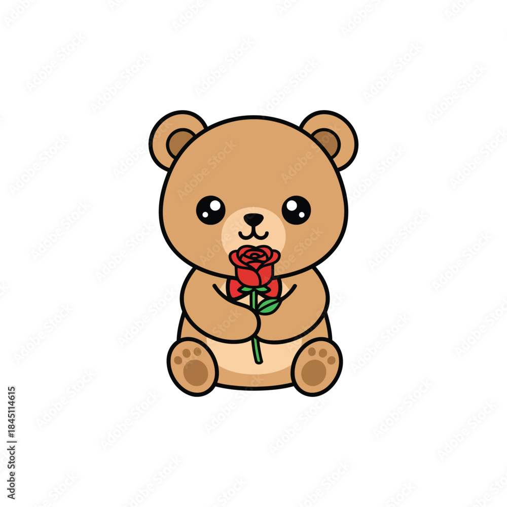 Fototapeta premium Cute brown teddy bear sitting with a sweet smile holding a red heart as a soft toy gift for a child in this fun vector cartoon illustration from Bangladesh