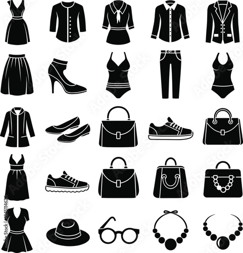 Set of 25 essential women's fashion and apparel vector solid icons, featuring dresses, skirts, high heels, swimwear, handbags, and necklaces, perfect for retail and style application interfaces