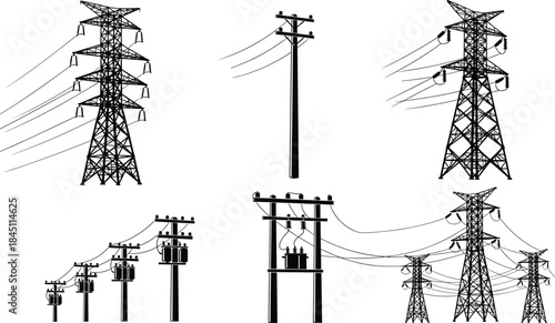 Assortment of Electrical Transmission Towers and Utility Poles with Transformers Keywords: electricity, power, transmission