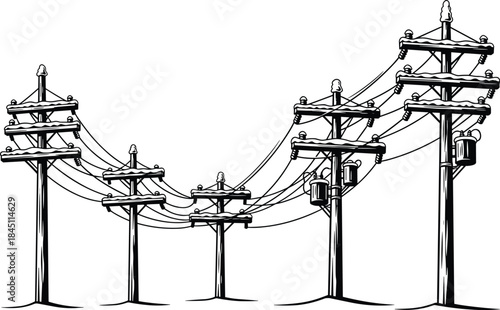 Black and white illustration of wooden utility poles with insulators and transformers electricity power line