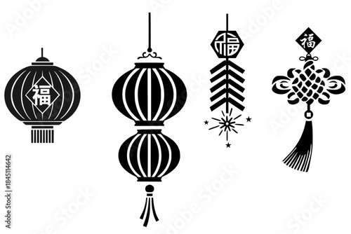 Chinese New Year decorative elements set with red lanterns, firecrackers, and lucky knot ornament featuring Fu fortune character. Traditional Asian festival symbols in black silhouette style for celeb