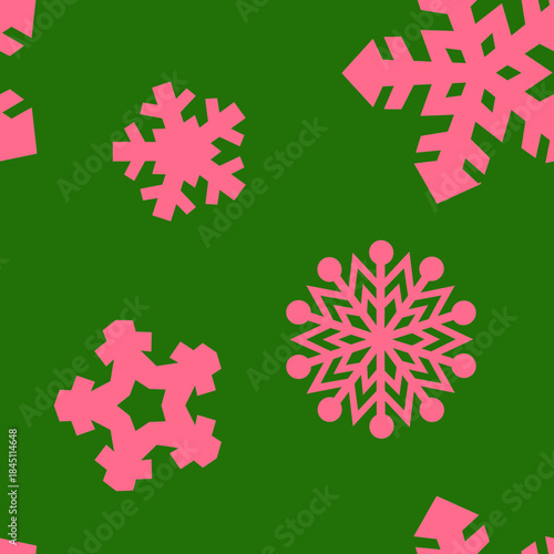 Seamless pattern background featuring various geometric pink (fuchsia) snowflake icons on a bold green background.