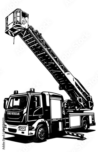 Bold black illustration of a modern Fire Rescue ladder truck with the extension raised high. Represents emergency services, firefighting, industry, safety, and transportation.