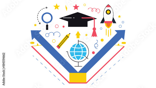 Vibrant educational icons surround graduation cap, symbolizing learning, growth, and academic success stories