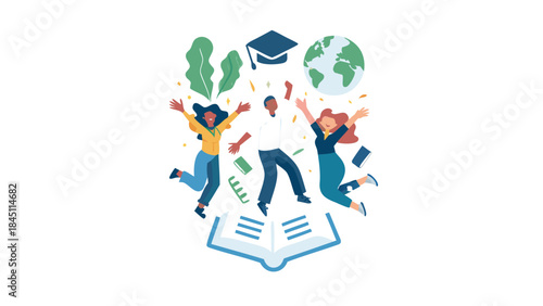 Three diverse students jumping in the air celebrating education and learning with graduation cap globe and book