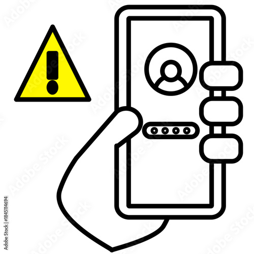 Line art icon showing a hand holding a smartphone with a password entry screen, next to a yellow triangular warning sign. Represents mobile security, privacy risk, hacking, authorization