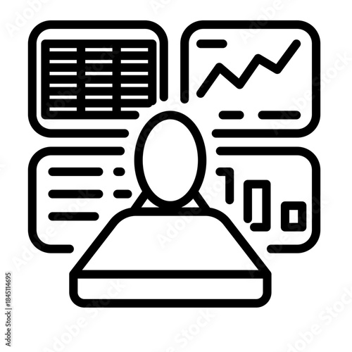 Line art icon of a person sitting at a desk surrounded by four monitor screens displaying data analysis, charts, graphs, and spreadsheets.