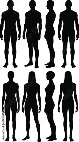 Silhouettes of male and female figures in front, side and back views Keywords: male silhouette, female silhouette, human figure