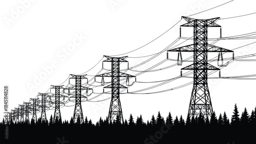 Black silhouette of power line towers and trees against a white background Keywords: power line, electricity, transmission tower