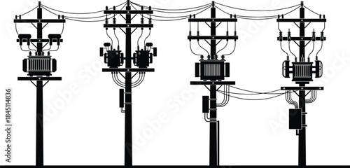 Black silhouette of utility poles with transformers and electrical equipment electricity power