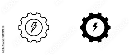 Vector illustration of an energy gear icon set with a lightning bolt, ideal for concepts of power, mechanics, and technology. Editable stroke. eps10