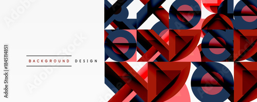 Abstract geometric pattern. Red, navy, coral shapes overlap white space. Modern design element for backgrounds, presentations.