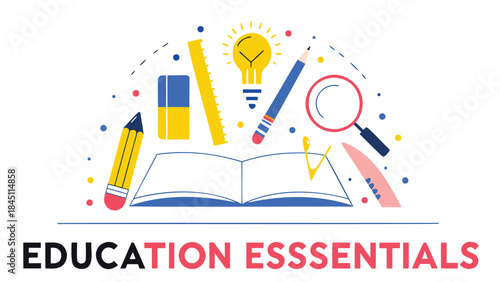 Education essentials concept with book, pencil, ruler, eraser, light bulb, magnifying glass and colorful dots on white background for learning and teaching