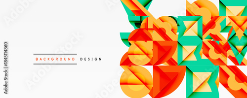 Abstract geometric shapes overlap, creating vibrant visual texture. Orange, red, green hues dominate white background. Modern design element.