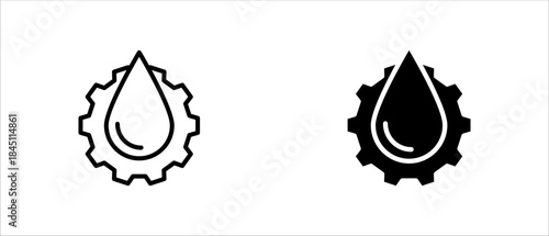 Water Drop Gear Icon Set – Black and White Fluid Mechanics Symbols Vector