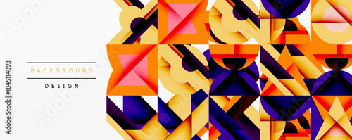 Abstract geometric shapes, vibrant colors, modern design. Orange, yellow, purple hues create dynamic composition. Minimalist style.