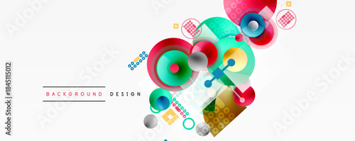 Abstract colorful design. Circles, squares, dots create modern background. Vibrant shapes overlap, forming dynamic composition.